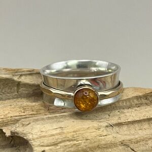 Sterling Silver and Gold Spinner Ring with Amber Stone